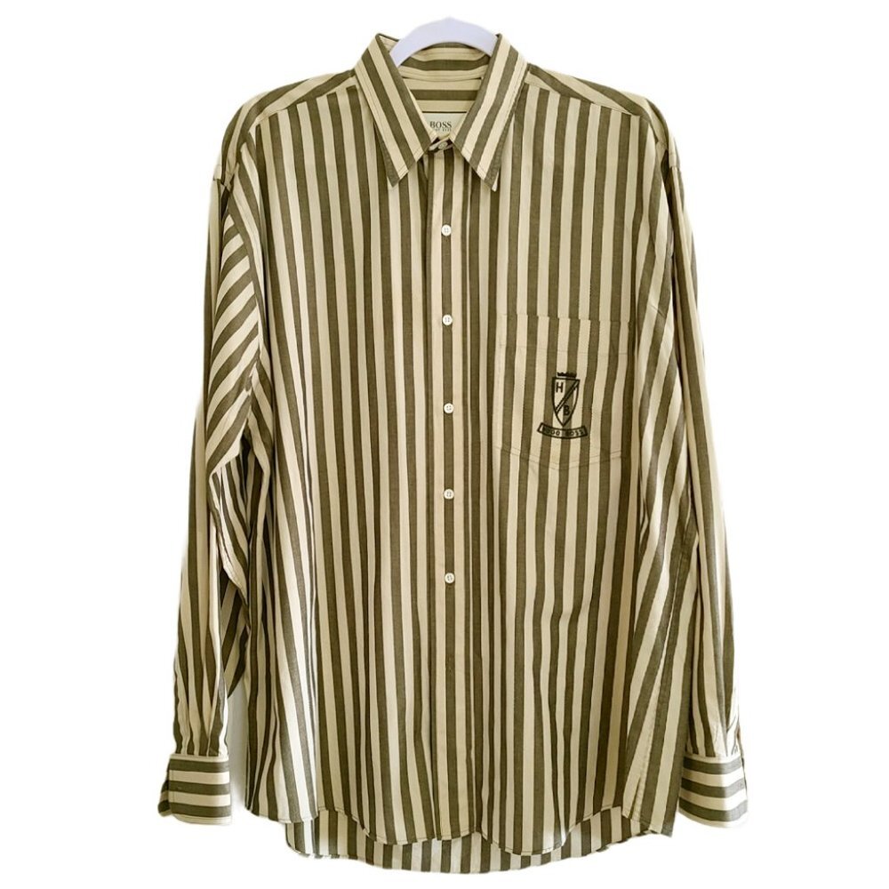 BOSS Large Gray Beige Striped Shirt